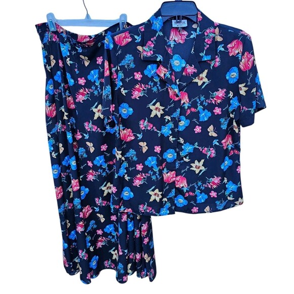 Vintage Kasper ASL Blouse 6 Skirt 10 Set Hawaiian Outfit Black Floral Shirt Top - Picture 2 of 16